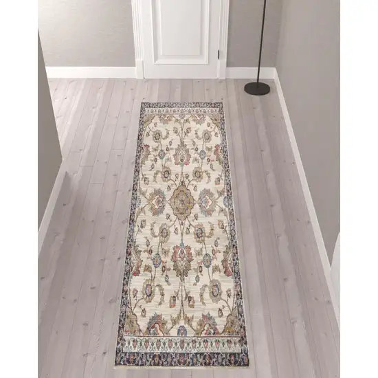 10' Ivory Floral Power Loom Runner Rug Photo 2