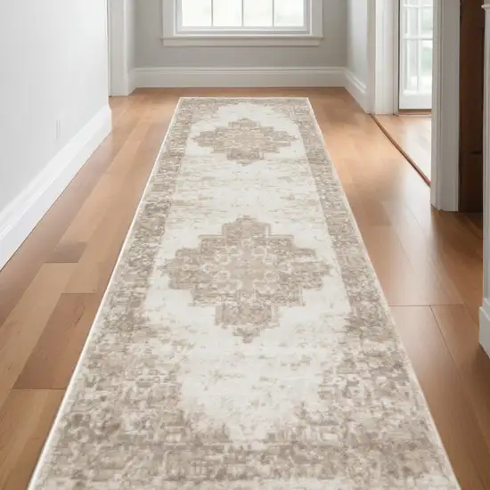 10' Ivory Floral Power Loom Runner Rug Photo 1