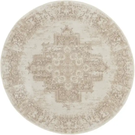 4' Ivory Floral Power Loom Worn Faded Round Rug Photo 2