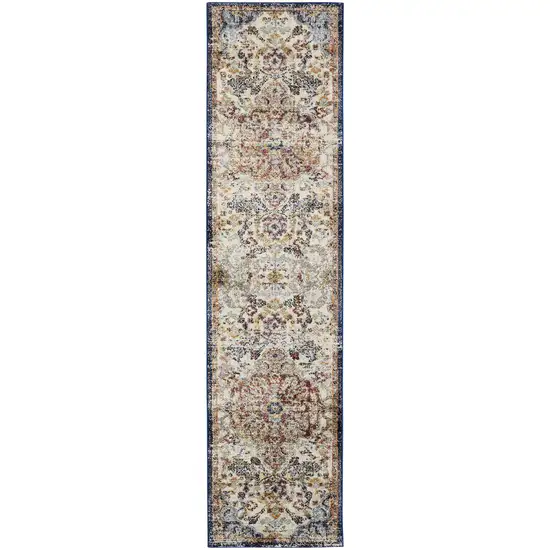 8' Ivory Gold And Blue Floral Stain Resistant Runner Rug Photo 1