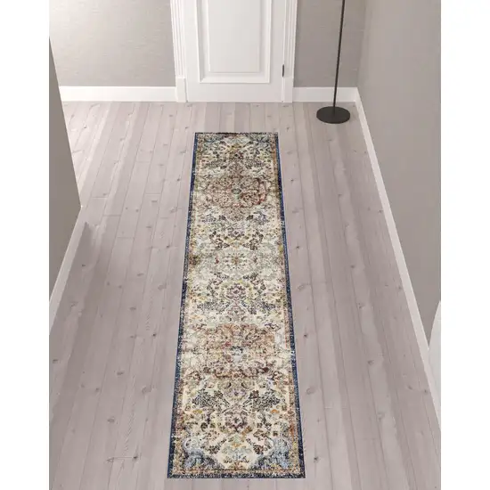 10' Ivory Gold And Blue Floral Stain Resistant Runner Rug Photo 2