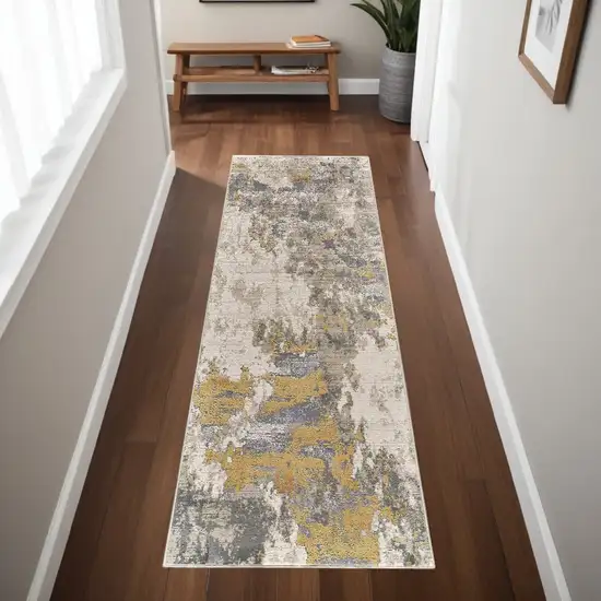 8' Ivory Gold And Gray Abstract Stain Resistant Runner Rug Photo 1