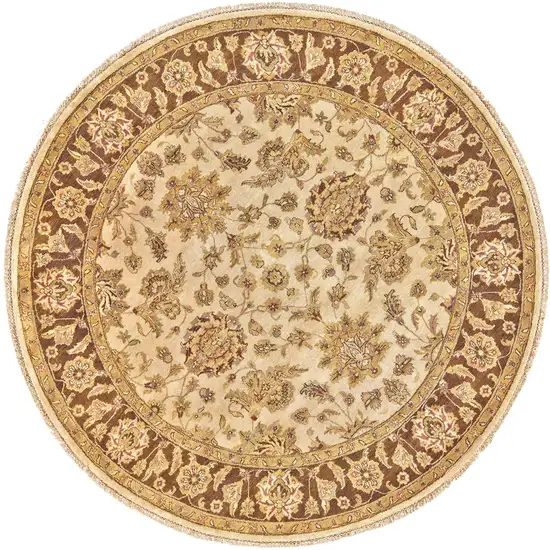 8' Ivory Gold and Brown Wool Oriental Hand Knotted Round Rug Photo 2