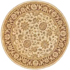 Photo of 8' Ivory Gold and Brown Wool Oriental Hand Knotted Round Rug