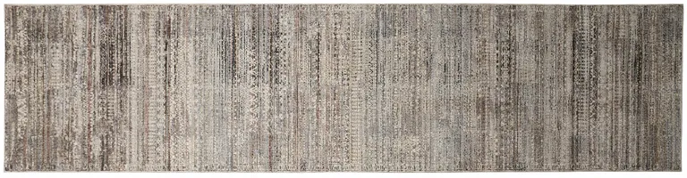 10' Ivory Gray And Black Abstract Distressed Runner Rug With Fringe Photo 1