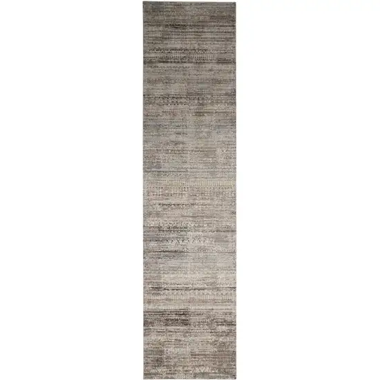 12' Ivory Gray And Black Abstract Distressed Runner Rug With Fringe Photo 2