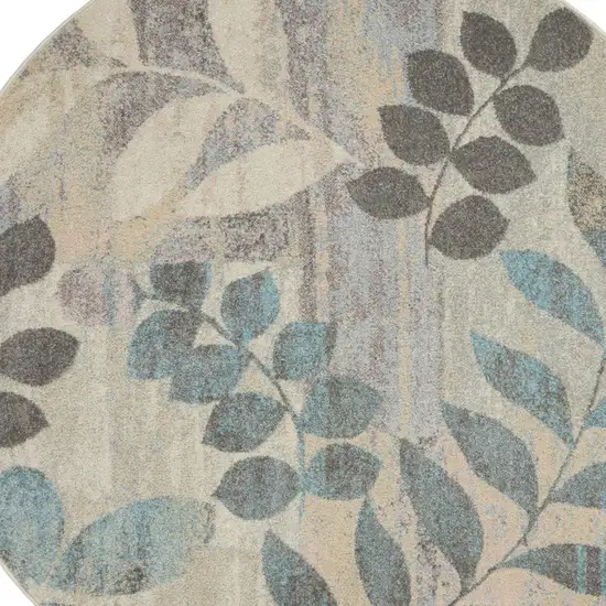 8' Ivory Gray And Blue Botanical Leaves Round Rug Photo 6