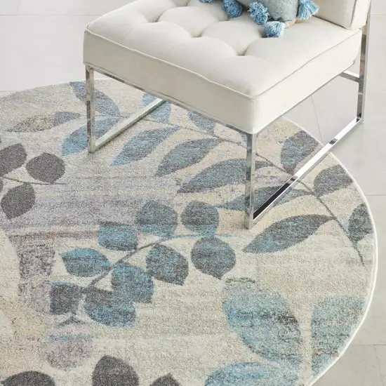 8' Ivory Gray And Blue Botanical Leaves Round Rug Photo 8