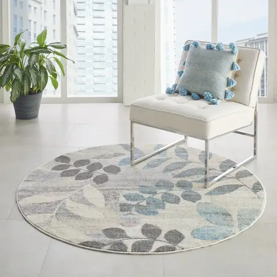 8' Ivory Gray And Blue Botanical Leaves Round Rug Photo 9