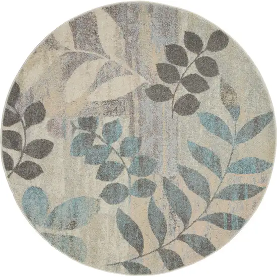 8' Ivory Gray And Blue Botanical Leaves Round Rug Photo 2