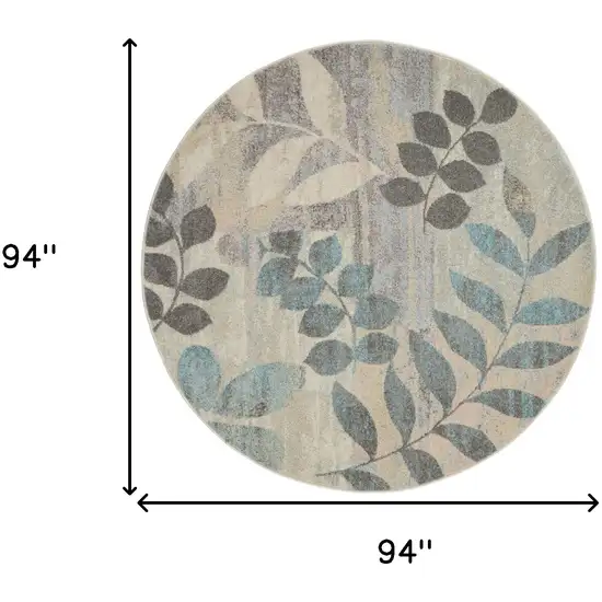 8' Ivory Gray And Blue Botanical Leaves Round Rug Photo 3