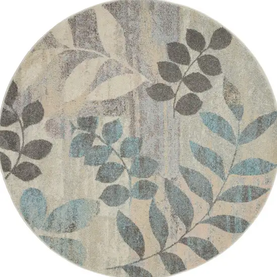 8' Ivory Gray And Blue Botanical Leaves Round Rug Photo 7