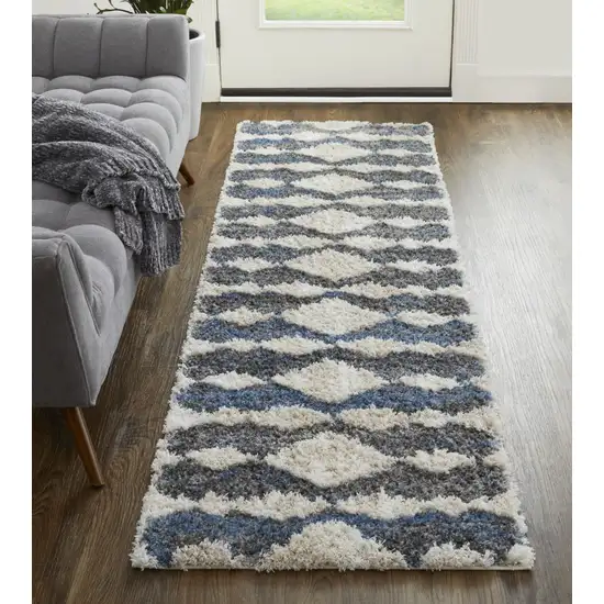 8' Ivory Gray And Blue Chevron Power Loom Stain Resistant Runner Rug Photo 4