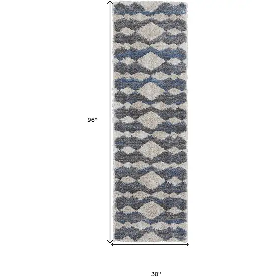 8' Ivory Gray And Blue Chevron Power Loom Stain Resistant Runner Rug Photo 5