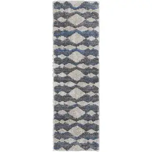 Photo of 8' Ivory Gray And Blue Chevron Power Loom Stain Resistant Runner Rug