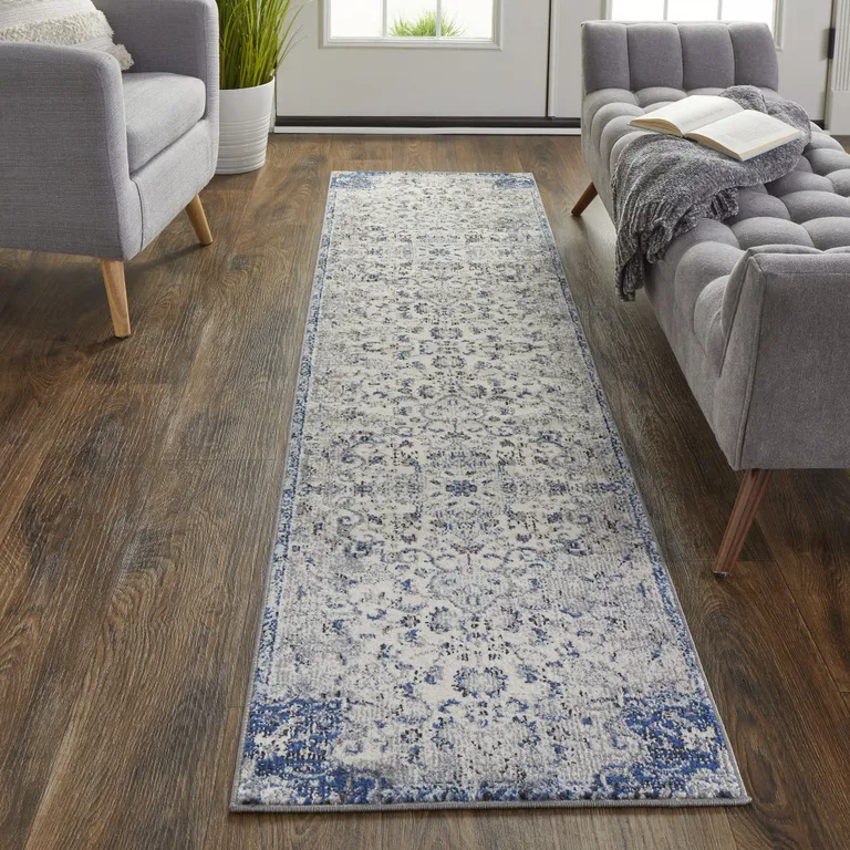 8' Ivory Gray And Blue Floral Power Loom Distressed Stain Resistant Runner Rug Photo 3