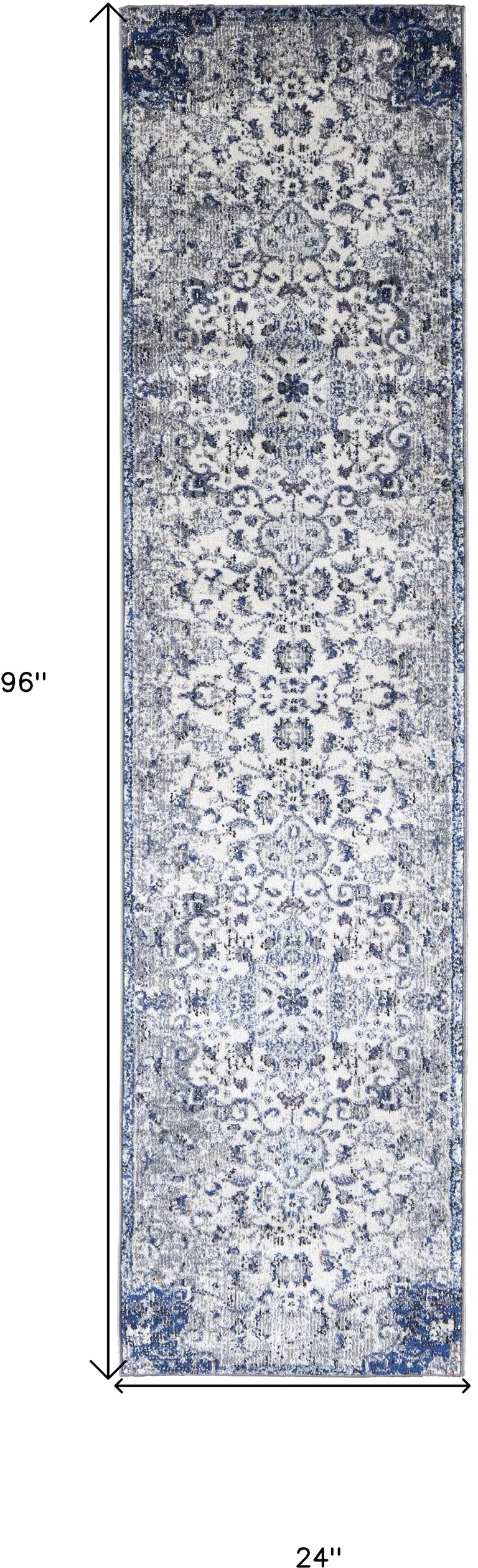 8' Ivory Gray And Blue Floral Power Loom Distressed Stain Resistant Runner Rug Photo 5