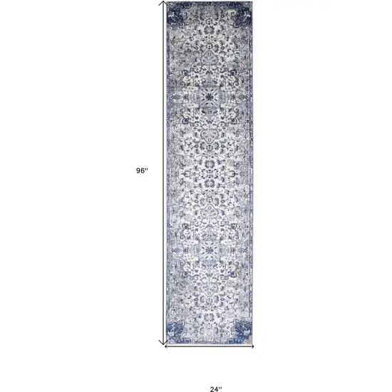 8' Ivory Gray And Blue Floral Power Loom Distressed Stain Resistant Runner Rug Photo 5