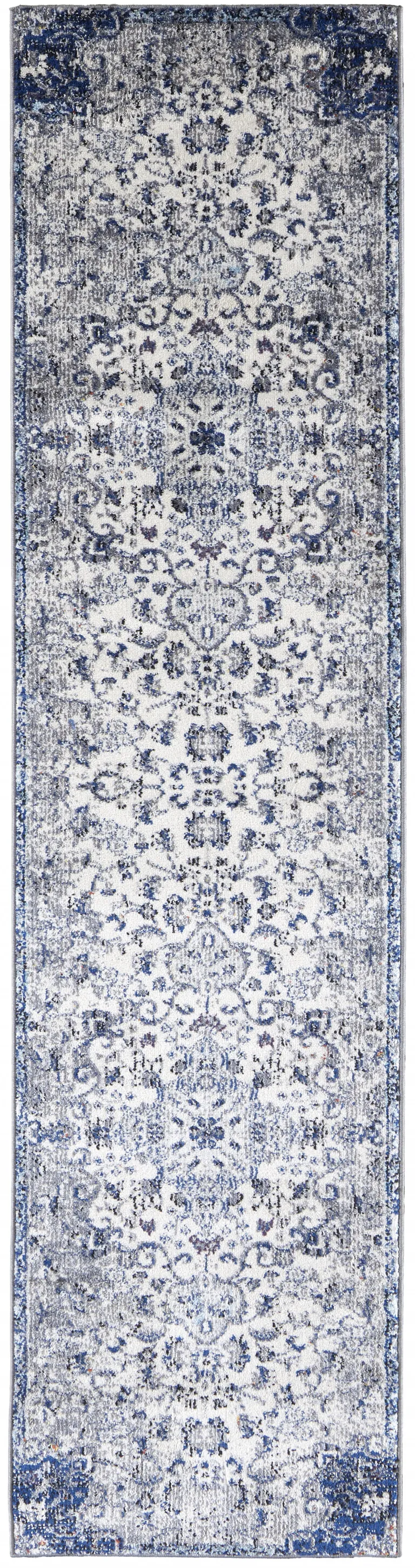 8' Ivory Gray And Blue Floral Power Loom Distressed Stain Resistant Runner Rug Photo 1