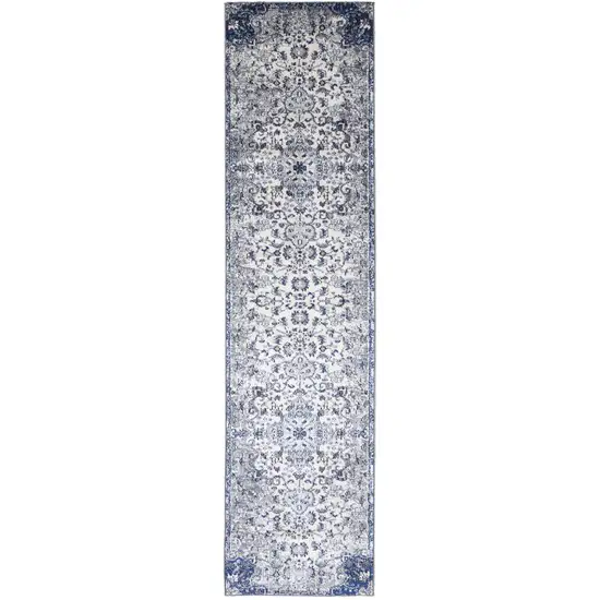 8' Ivory Gray And Blue Floral Power Loom Distressed Stain Resistant Runner Rug Photo 1