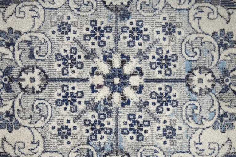 8' Ivory Gray And Blue Floral Power Loom Distressed Stain Resistant Runner Rug Photo 4