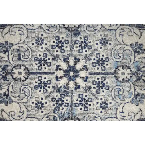 8' Ivory Gray And Blue Floral Power Loom Distressed Stain Resistant Runner Rug Photo 4