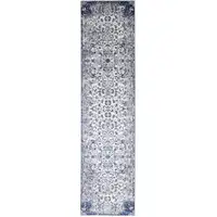 Photo of 10' Ivory Gray And Blue Floral Power Loom Distressed Stain Resistant Runner Rug