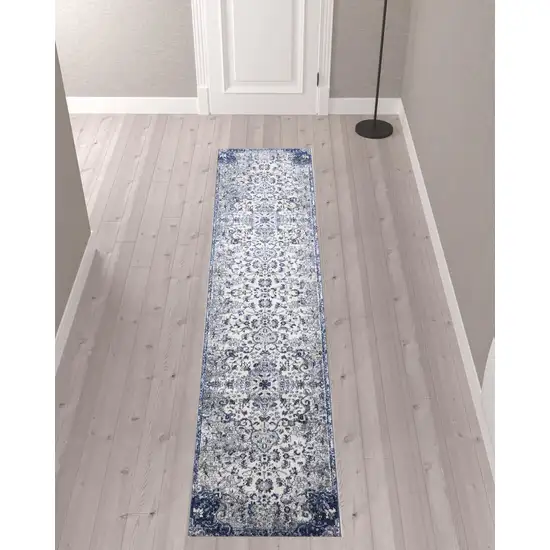 10' Ivory Gray And Blue Floral Power Loom Distressed Stain Resistant Runner Rug Photo 2