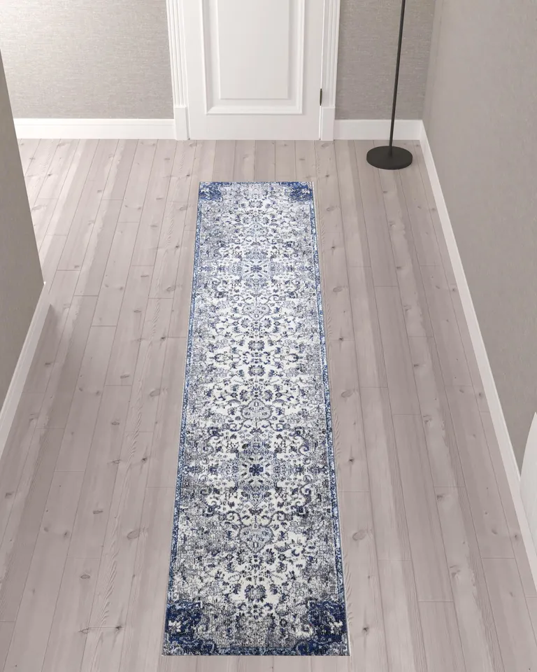 10' Ivory Gray And Blue Floral Power Loom Distressed Stain Resistant Runner Rug Photo 2