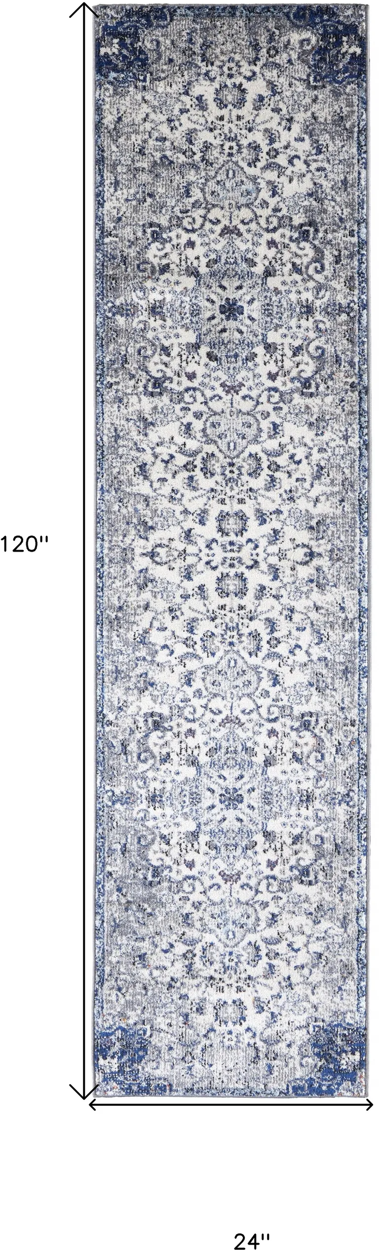 10' Ivory Gray And Blue Floral Power Loom Distressed Stain Resistant Runner Rug Photo 5