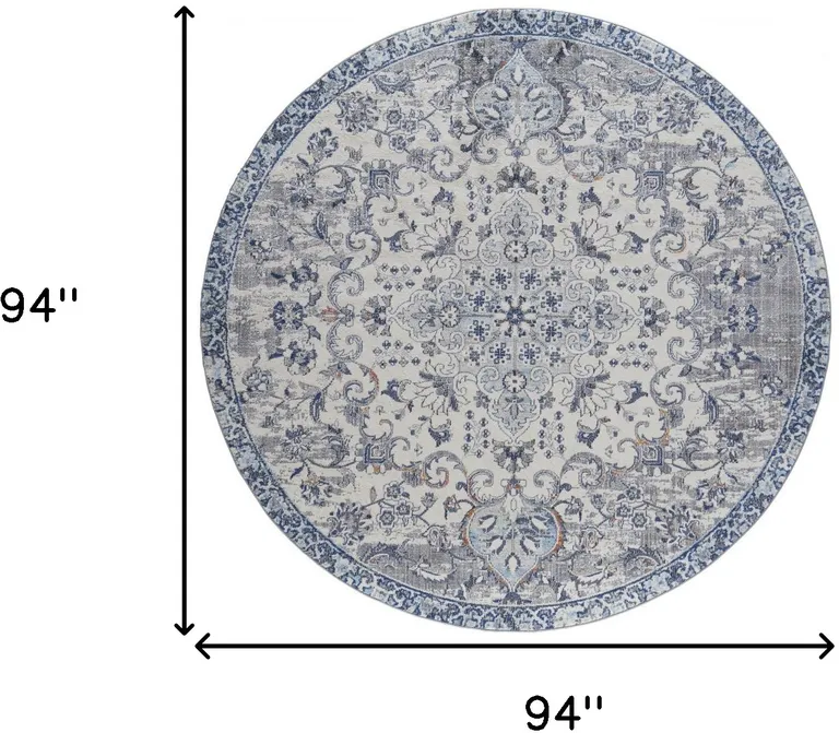 8' Ivory Gray And Blue Round Floral Power Loom Distressed Stain Resistant Area Rug Photo 4