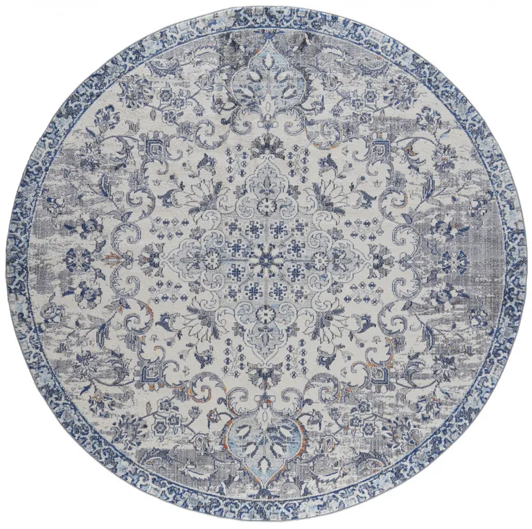 8' Ivory Gray And Blue Round Floral Power Loom Distressed Stain Resistant Area Rug Photo 1