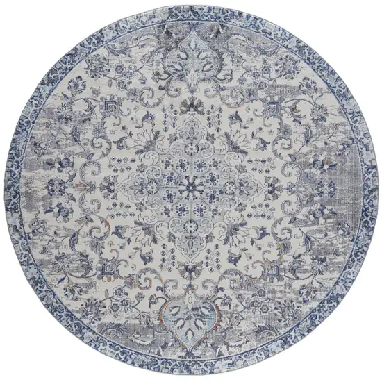 8' Ivory Gray And Blue Round Floral Power Loom Distressed Stain Resistant Area Rug Photo 1