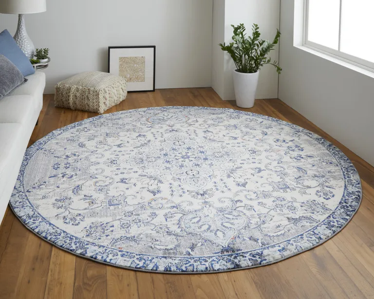 8' Ivory Gray And Blue Round Floral Power Loom Distressed Stain Resistant Area Rug Photo 2