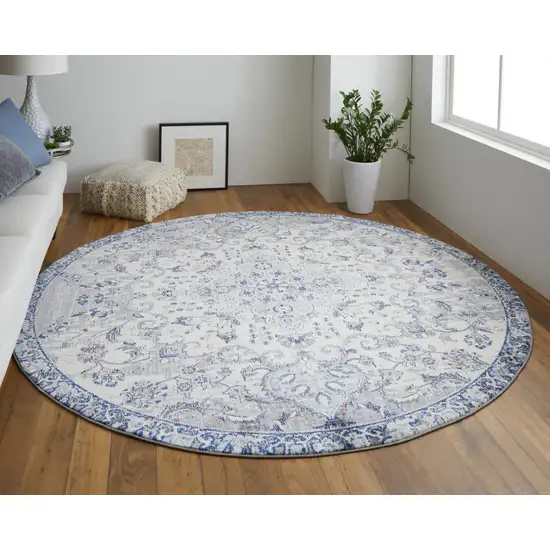 8' Ivory Gray And Blue Round Floral Power Loom Distressed Stain Resistant Area Rug Photo 2