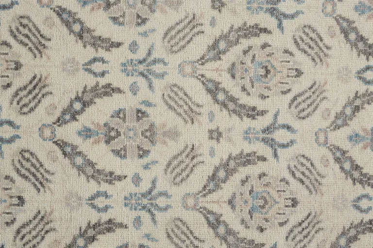 8' Ivory Gray And Blue Wool Floral Hand Knotted Stain Resistant Runner Rug Photo 4