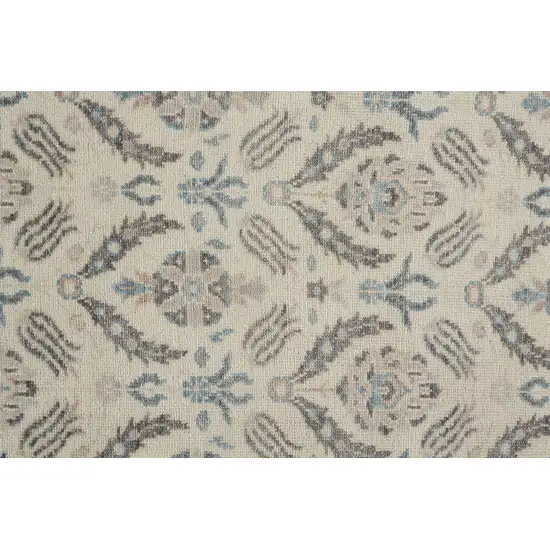 8' Ivory Gray And Blue Wool Floral Hand Knotted Stain Resistant Runner Rug Photo 4