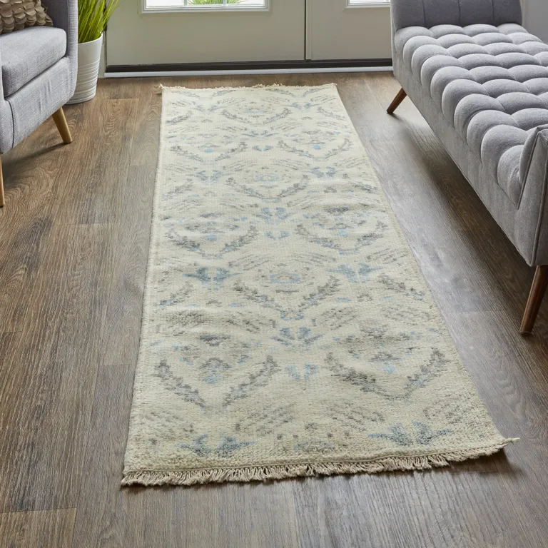 8' Ivory Gray And Blue Wool Floral Hand Knotted Stain Resistant Runner Rug Photo 3