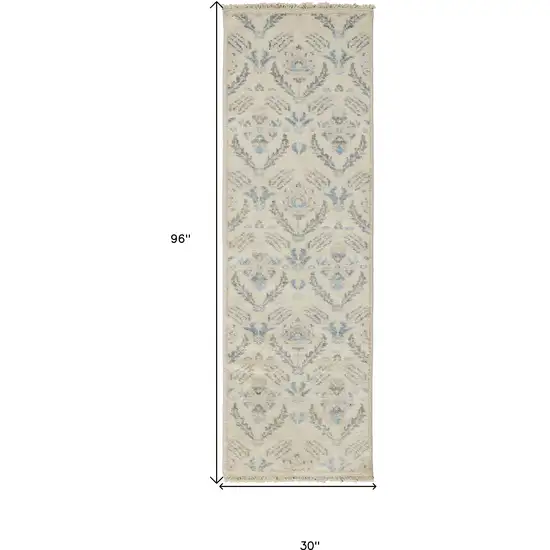 8' Ivory Gray And Blue Wool Floral Hand Knotted Stain Resistant Runner Rug Photo 6