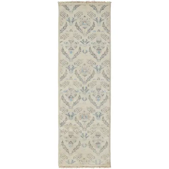 8' Ivory Gray And Blue Wool Floral Hand Knotted Stain Resistant Runner Rug Photo 1