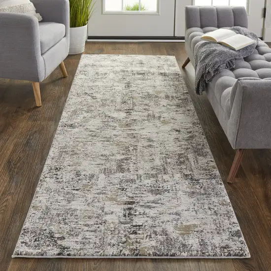 8' Ivory Gray And Brown Abstract Power Loom Distressed Stain Resistant Runner Rug Photo 3