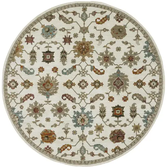 8' Ivory Gray And Light Blue Oriental Round Rug Photo 2