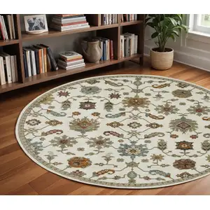 Photo of 8' Ivory Gray And Light Blue Oriental Round Rug