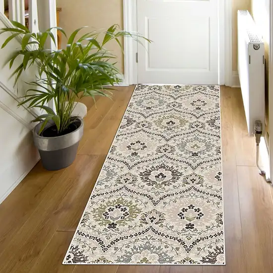 12' Ivory Gray And Olive Floral Stain Resistant Runner Rug Photo 2