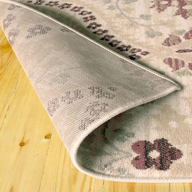 12' Ivory Gray And Olive Floral Stain Resistant Runner Rug Photo 4