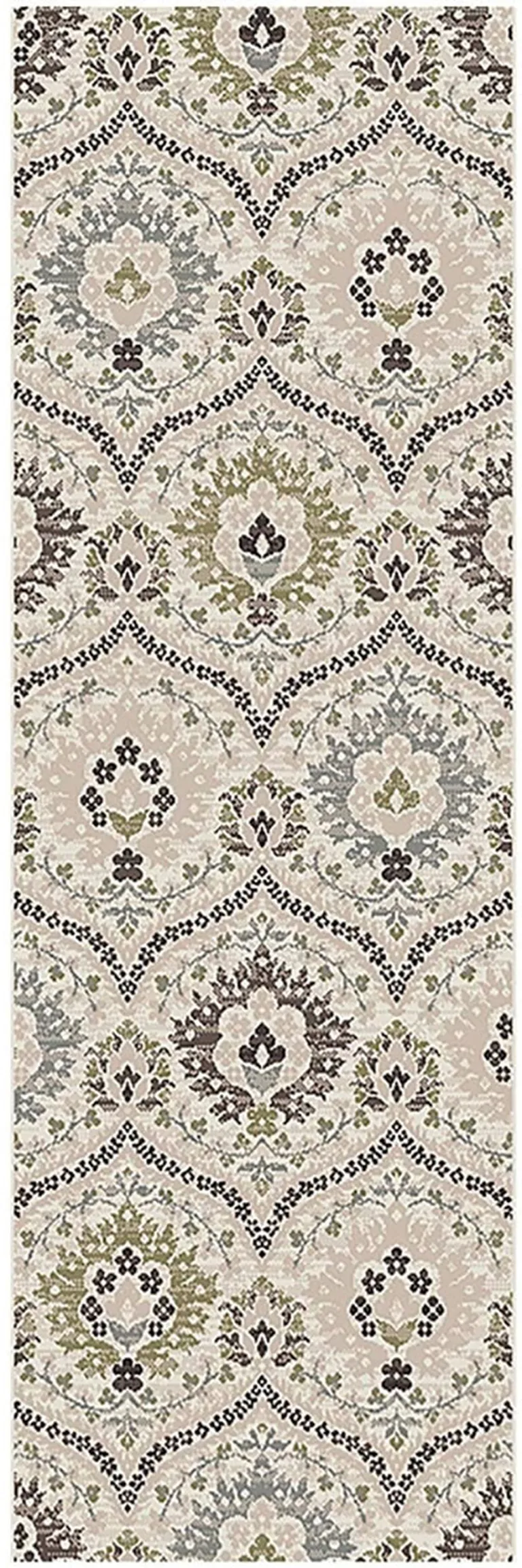 12' Ivory Gray And Olive Floral Stain Resistant Runner Rug Photo 1