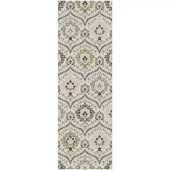 12' Ivory Gray And Olive Floral Stain Resistant Runner Rug Photo 1