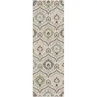 Photo of 12' Ivory Gray And Olive Floral Stain Resistant Runner Rug