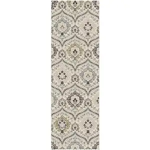 Photo of 12' Ivory Gray And Olive Floral Stain Resistant Runner Rug