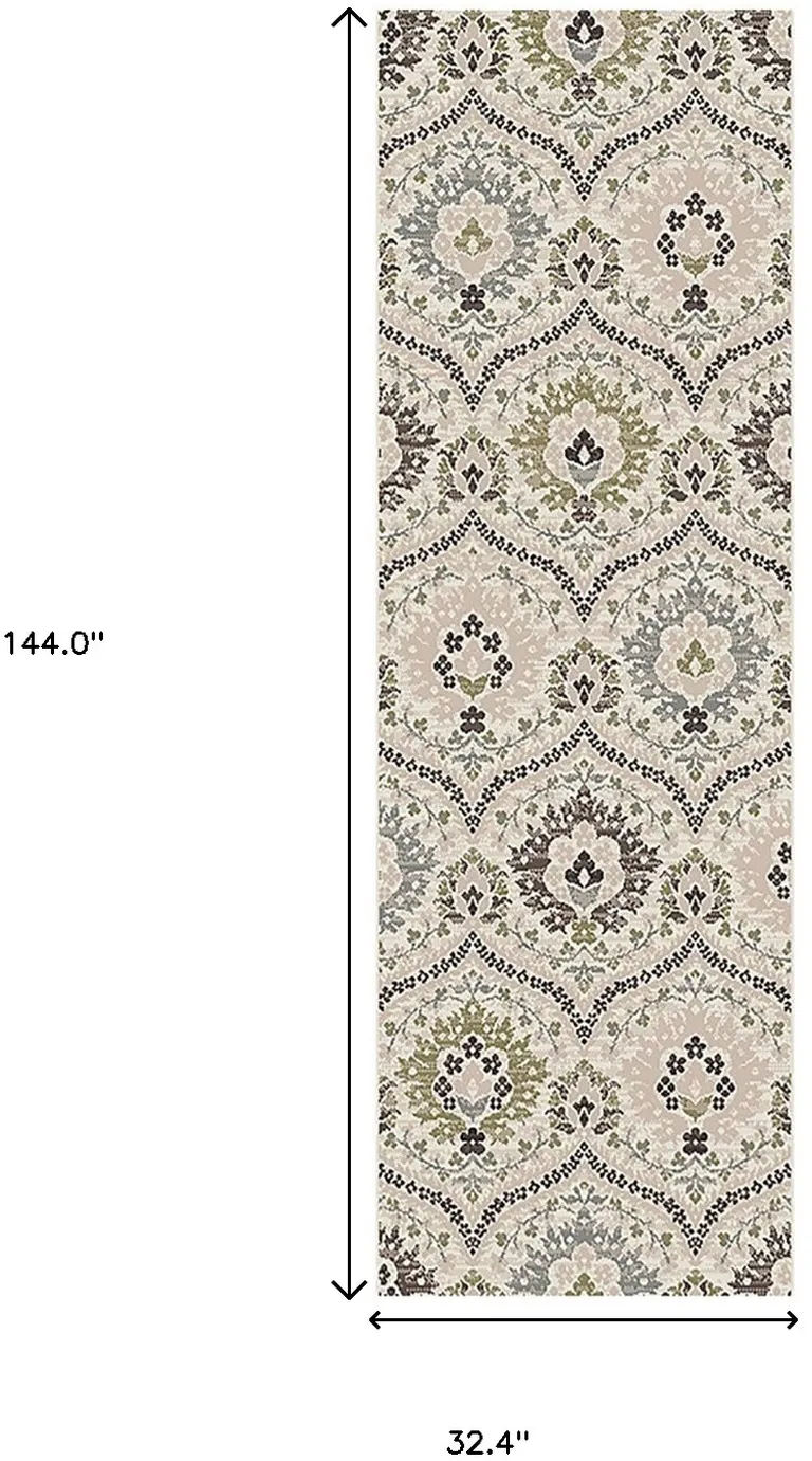 12' Ivory Gray And Olive Floral Stain Resistant Runner Rug Photo 5